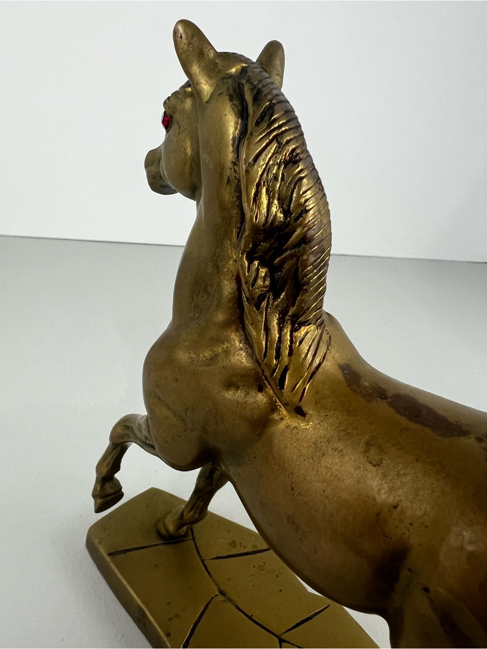 Vintage Solid Brass Horse Statue Red Rhinestone Eyes Mid Century Decor - Picture 8 of 13